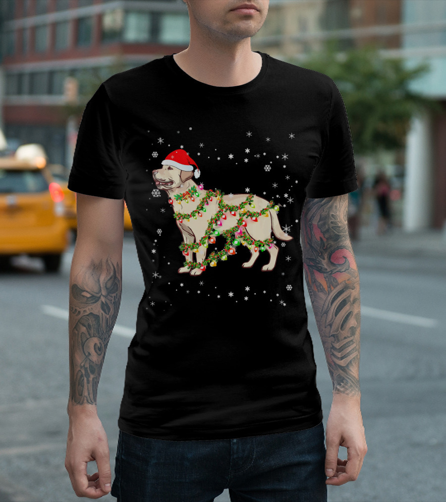 Labrador Retriever Dog Christmas Lights Santa Hat Snowflakes T-Shirt
