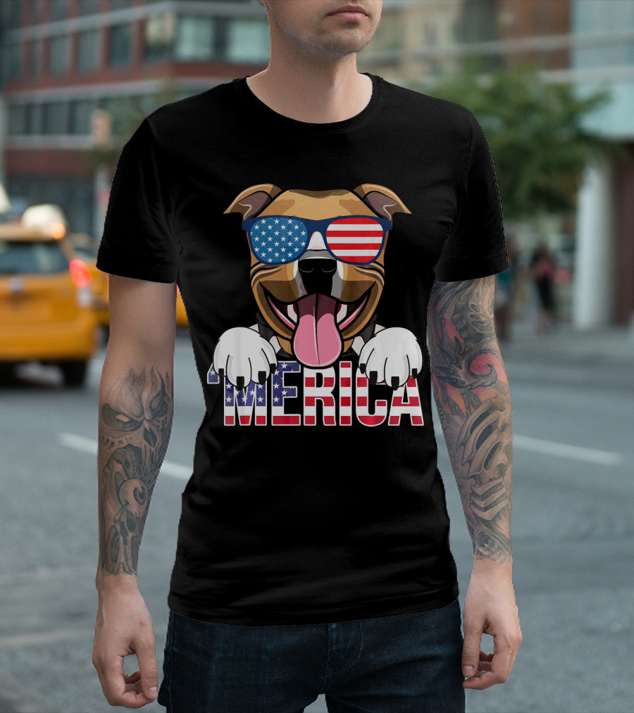 'Merica Pit Bull Sunglasses American Pitbull Patriotic USA Flag T-Shirt