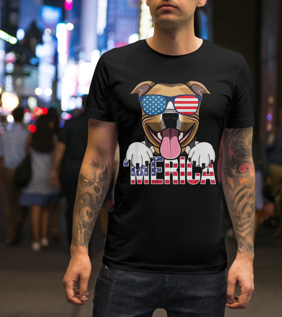 'Merica Pit Bull Sunglasses American Pitbull Patriotic USA Flag T-Shirt