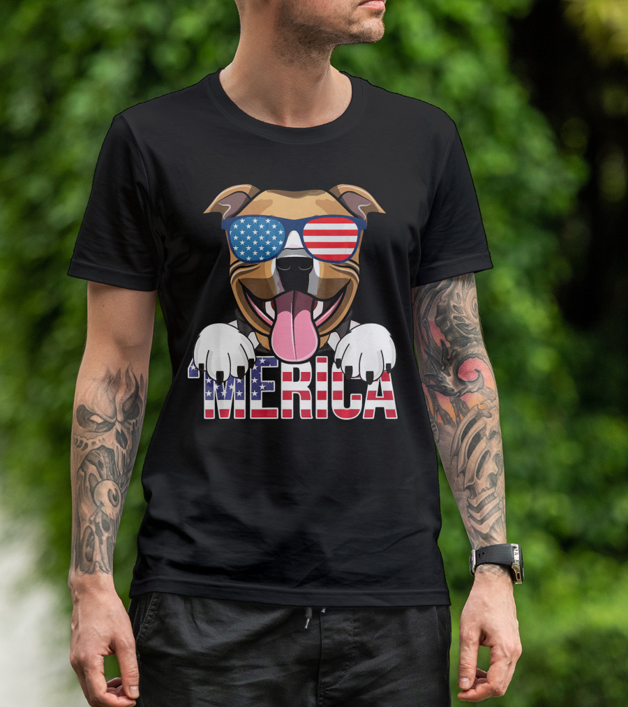 'Merica Pit Bull Sunglasses American Pitbull Patriotic USA Flag T-Shirt