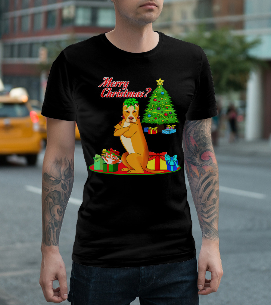 Merry Christmas? Pit Bull Dog with Christmas Cat and Tree T-Shirt