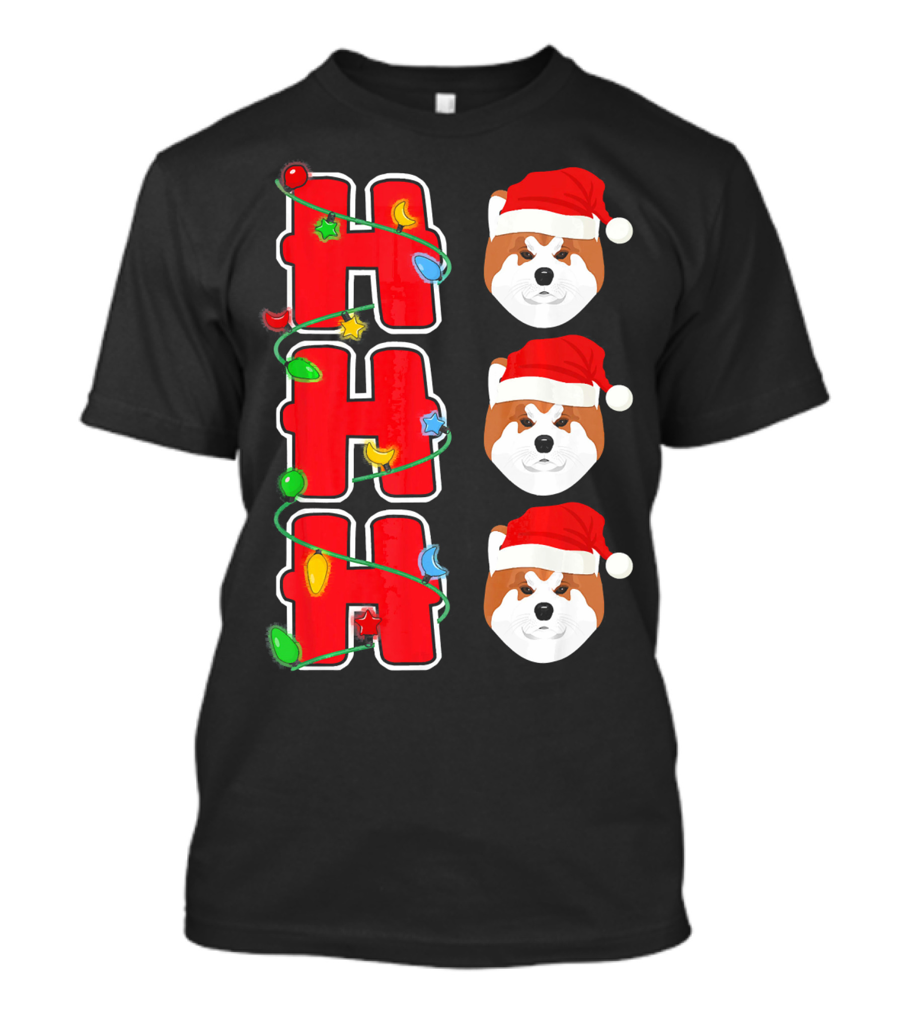 Ho Ho Ho Santa Akita Christmas Lights And Santa Hats T-Shirt
