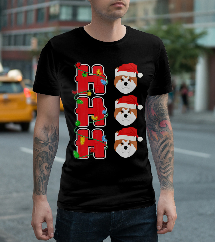 Ho Ho Ho Santa Akita Christmas Lights And Santa Hats T-Shirt