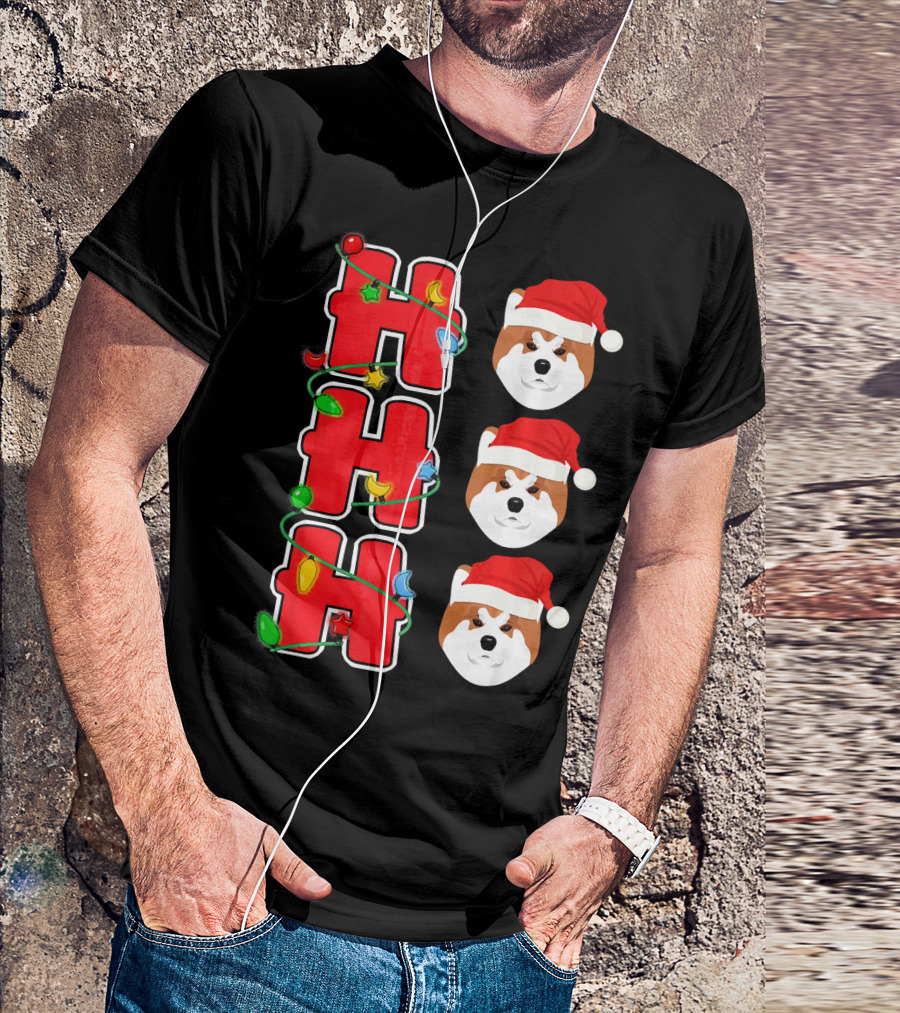 Ho Ho Ho Santa Akita Christmas Lights And Santa Hats T-Shirt