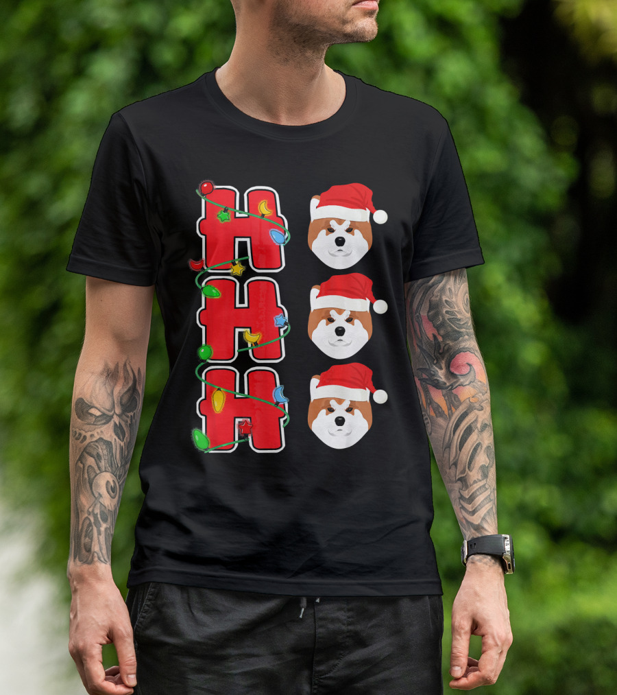 Ho Ho Ho Santa Akita Christmas Lights And Santa Hats T-Shirt