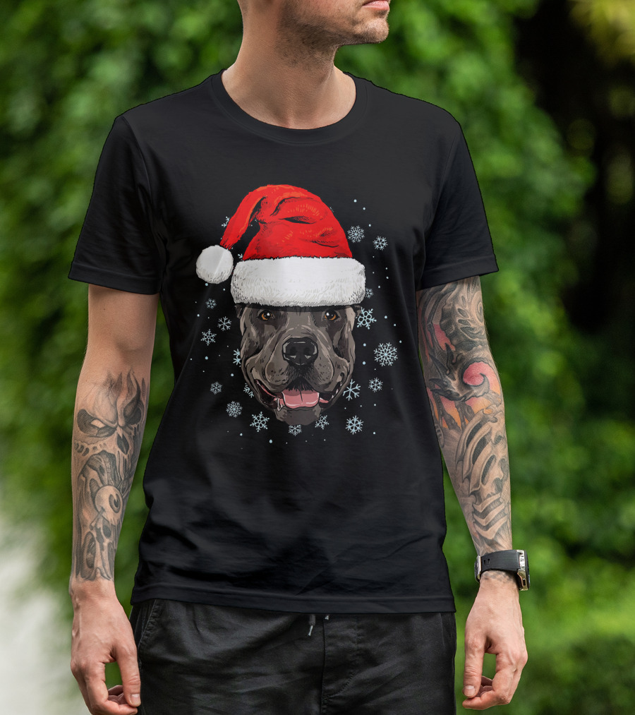 Pit Bull With Santa Hat And Snowflakes T-Shirt