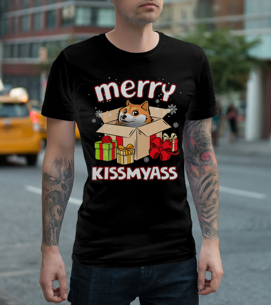 Merry Kissmyass Akita Dog In Christmas Gift Box With Holiday Presents T-Shirt