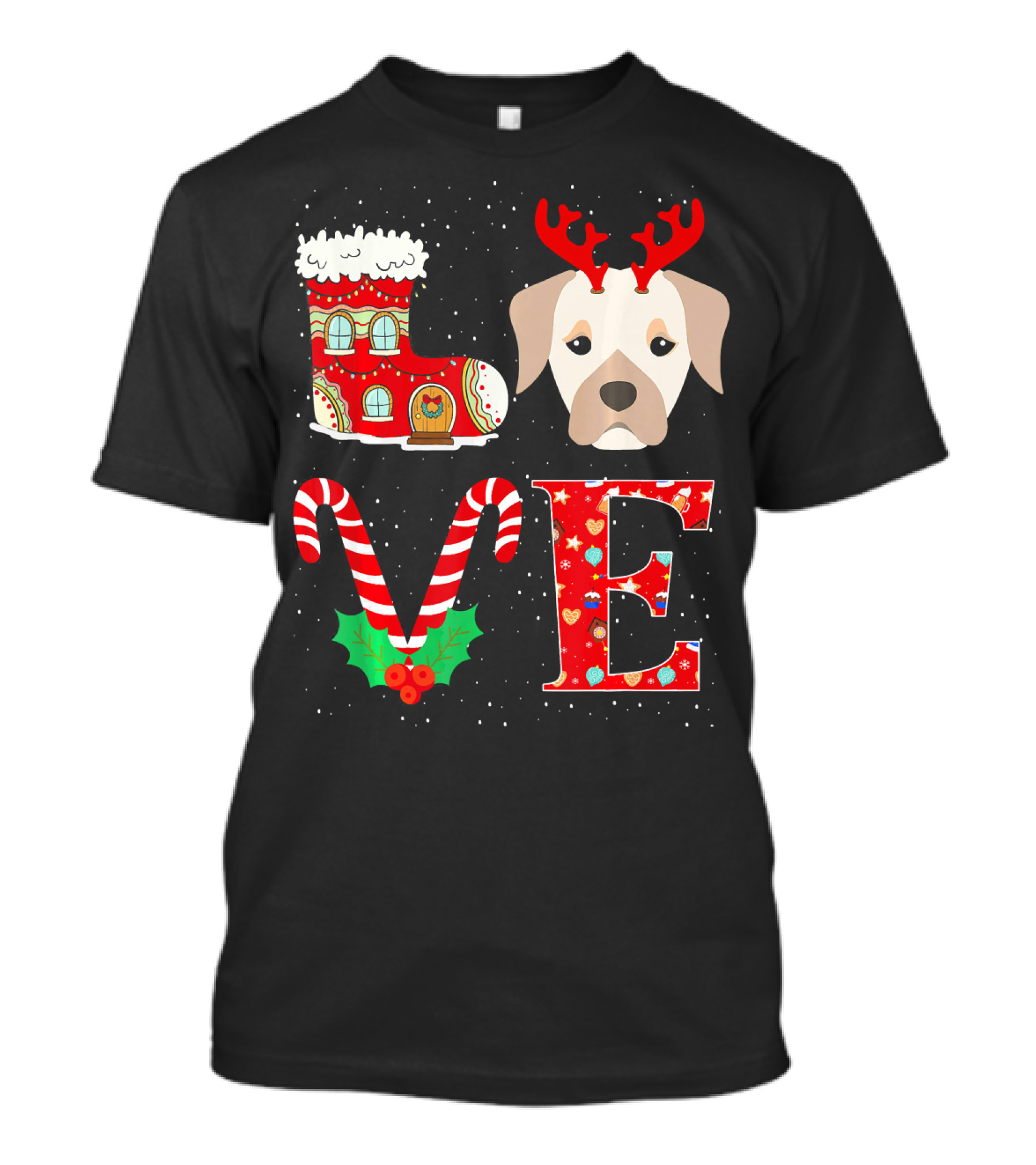 LOVE Christmas Labrador Retriever Reindeer Holiday Boot Candy Cane Snowflakes T-Shirt