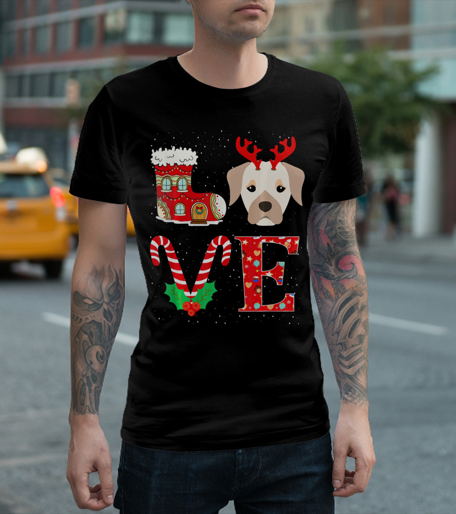 LOVE Christmas Labrador Retriever Reindeer Holiday Boot Candy Cane Snowflakes T-Shirt