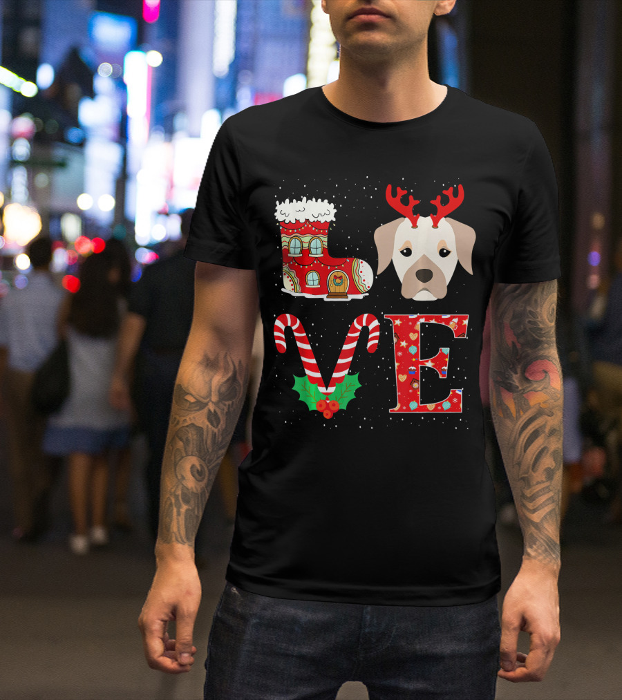 LOVE Christmas Labrador Retriever Reindeer Holiday Boot Candy Cane Snowflakes T-Shirt