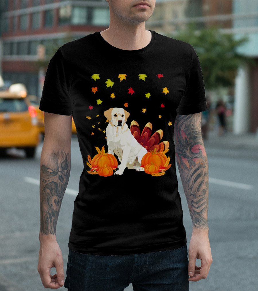 Thanksgiving Labrador Retriever Surrounded by Autumn Leaves and Pumpkins T-Shirt