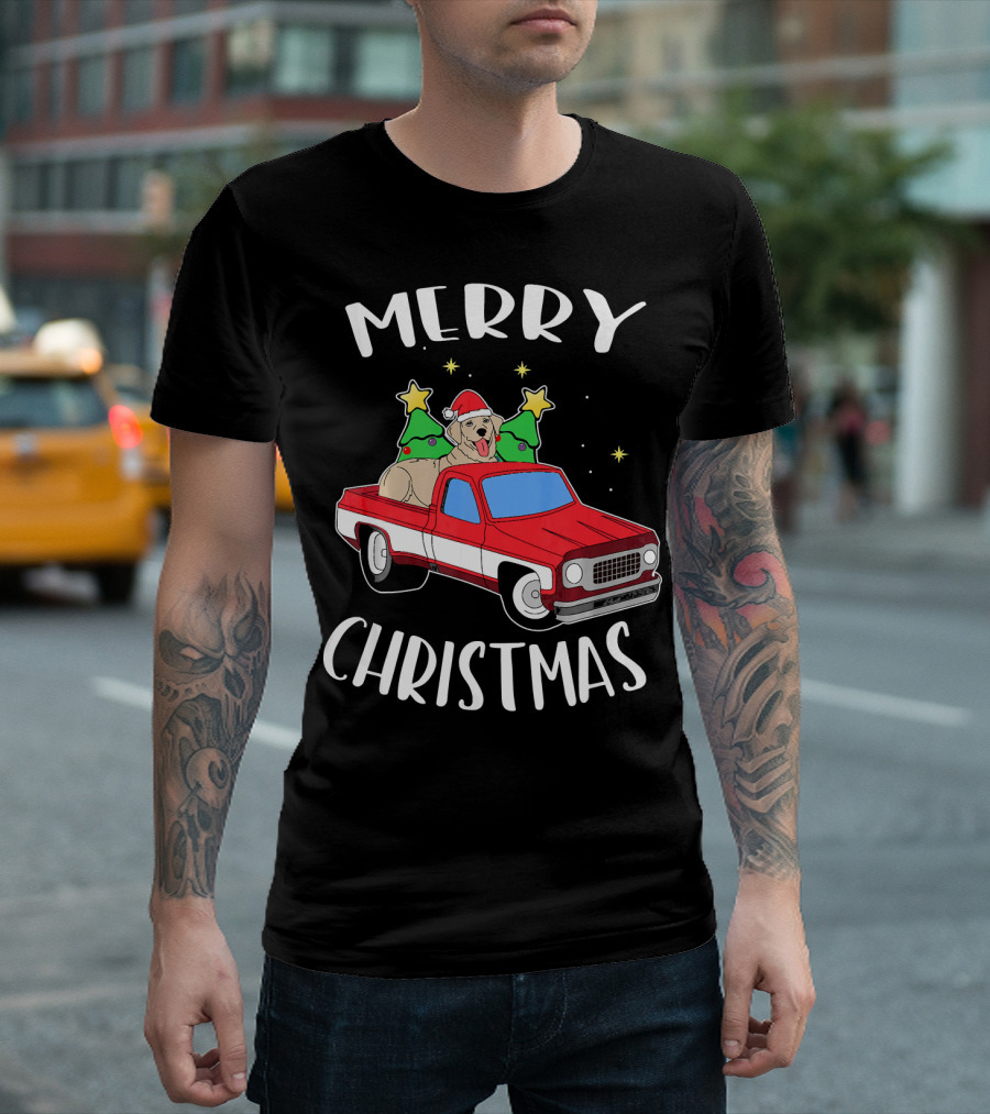 Merry Christmas Labrador Retriever in Santa Hat with Christmas Trees in Red Truck T-Shirt