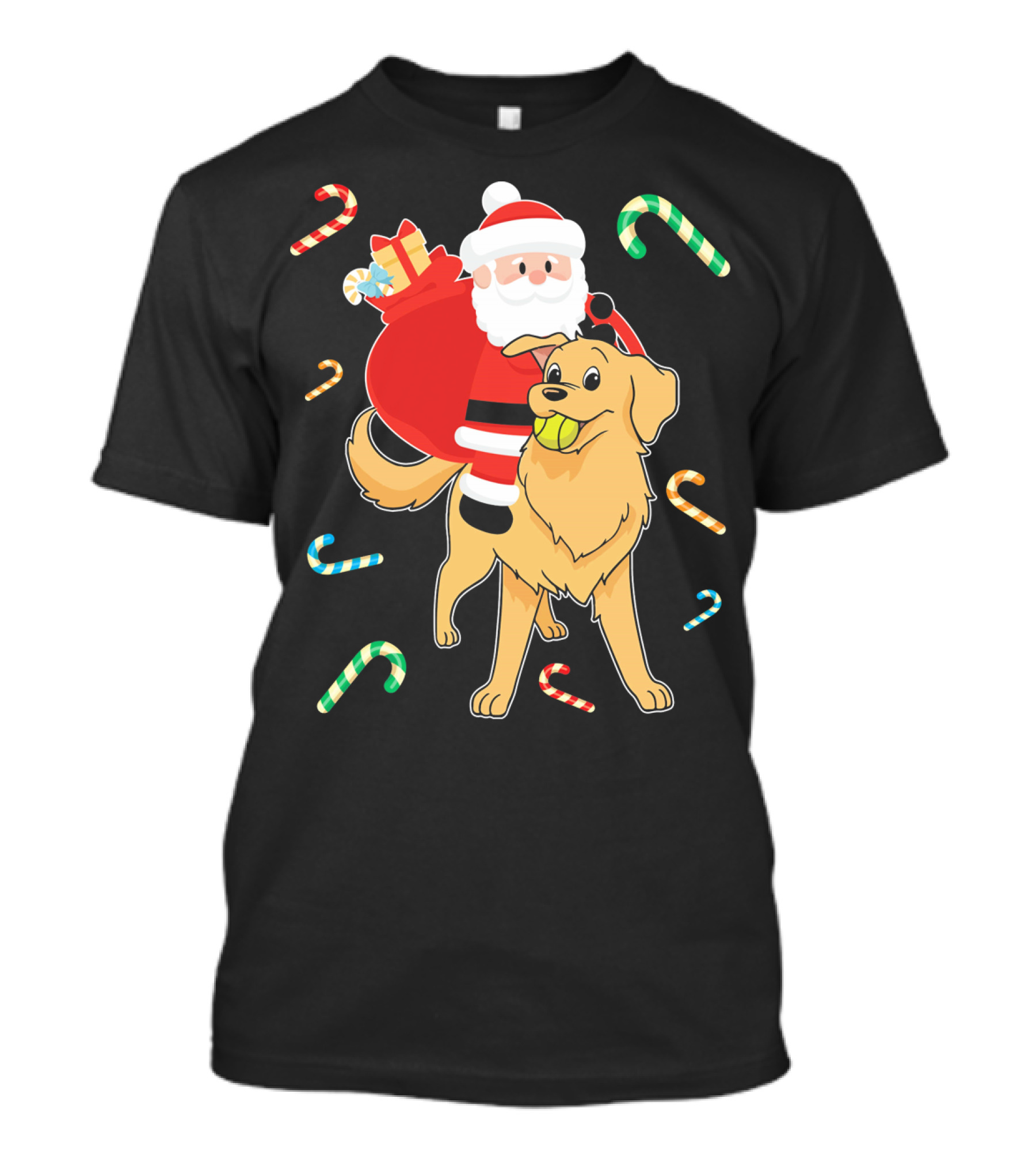 Santa Riding Golden Retriever With Candy Canes And Gifts T-Shirt