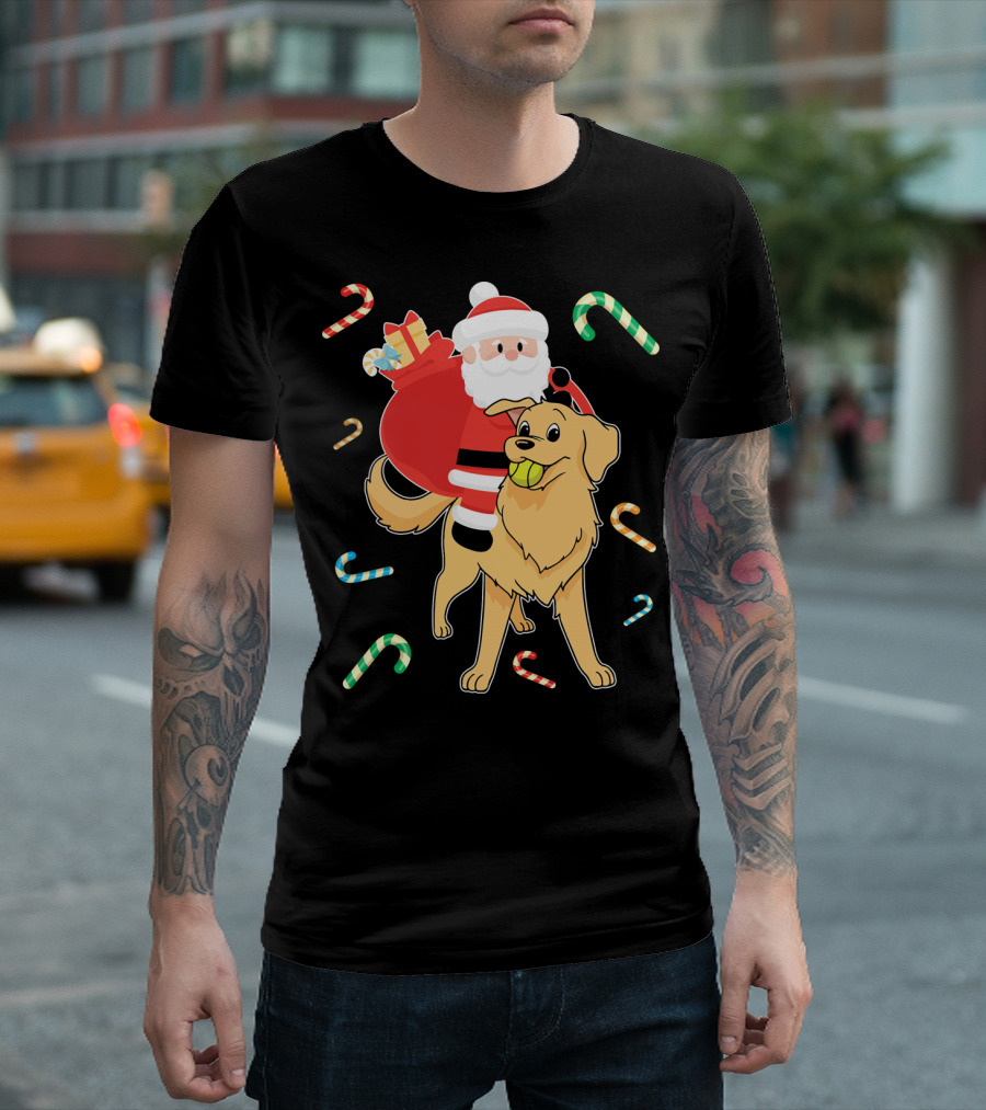 Santa Riding Golden Retriever With Candy Canes And Gifts T-Shirt