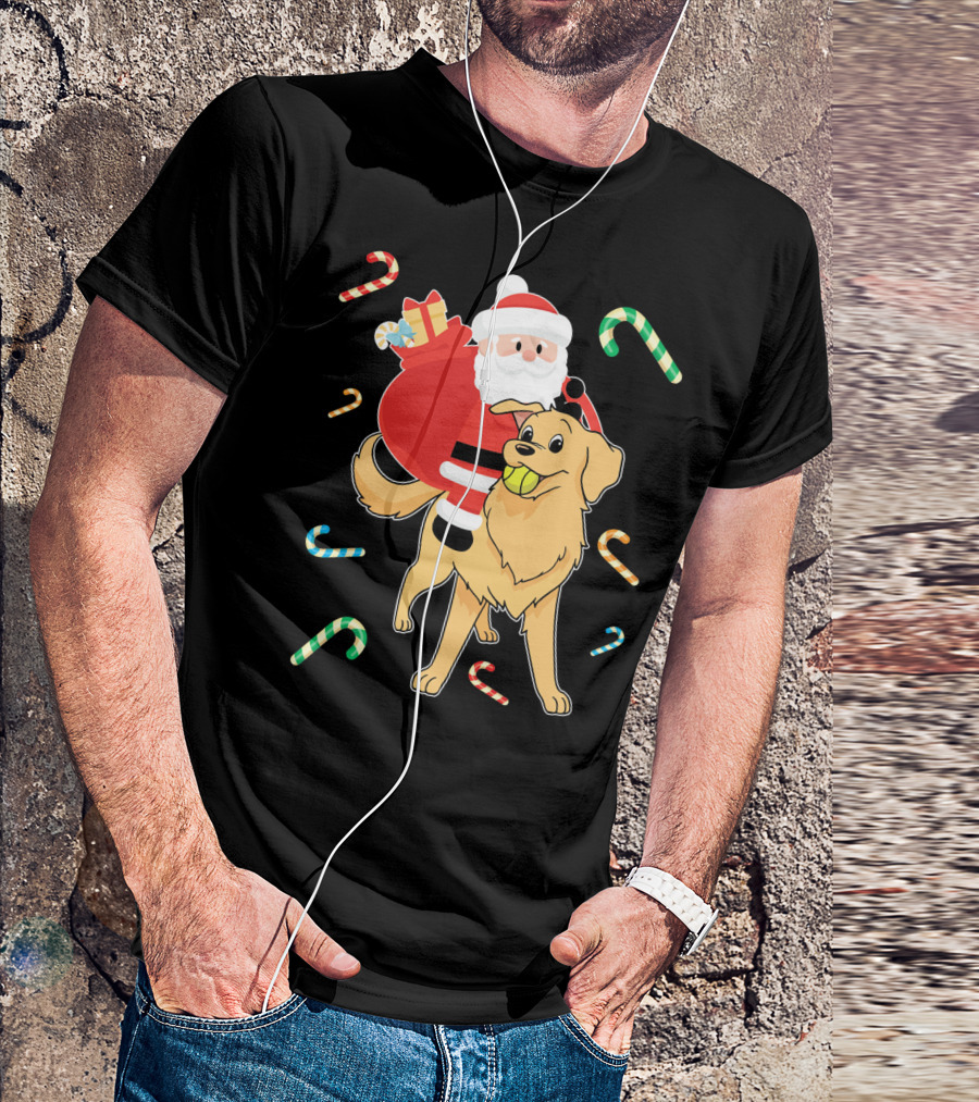 Santa Riding Golden Retriever With Candy Canes And Gifts T-Shirt