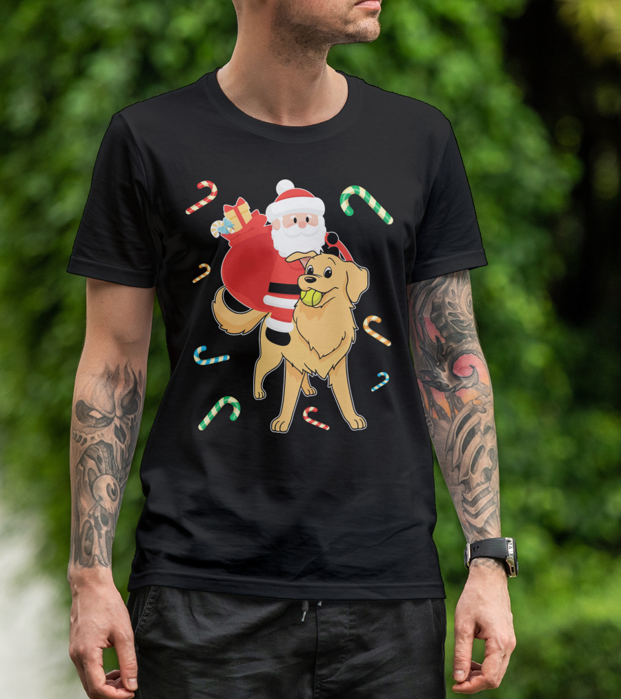 Santa Riding Golden Retriever With Candy Canes And Gifts T-Shirt