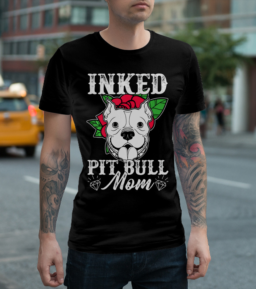 Inked Pit Bull Mom Tattoo With Rose And Diamonds T-Shirt