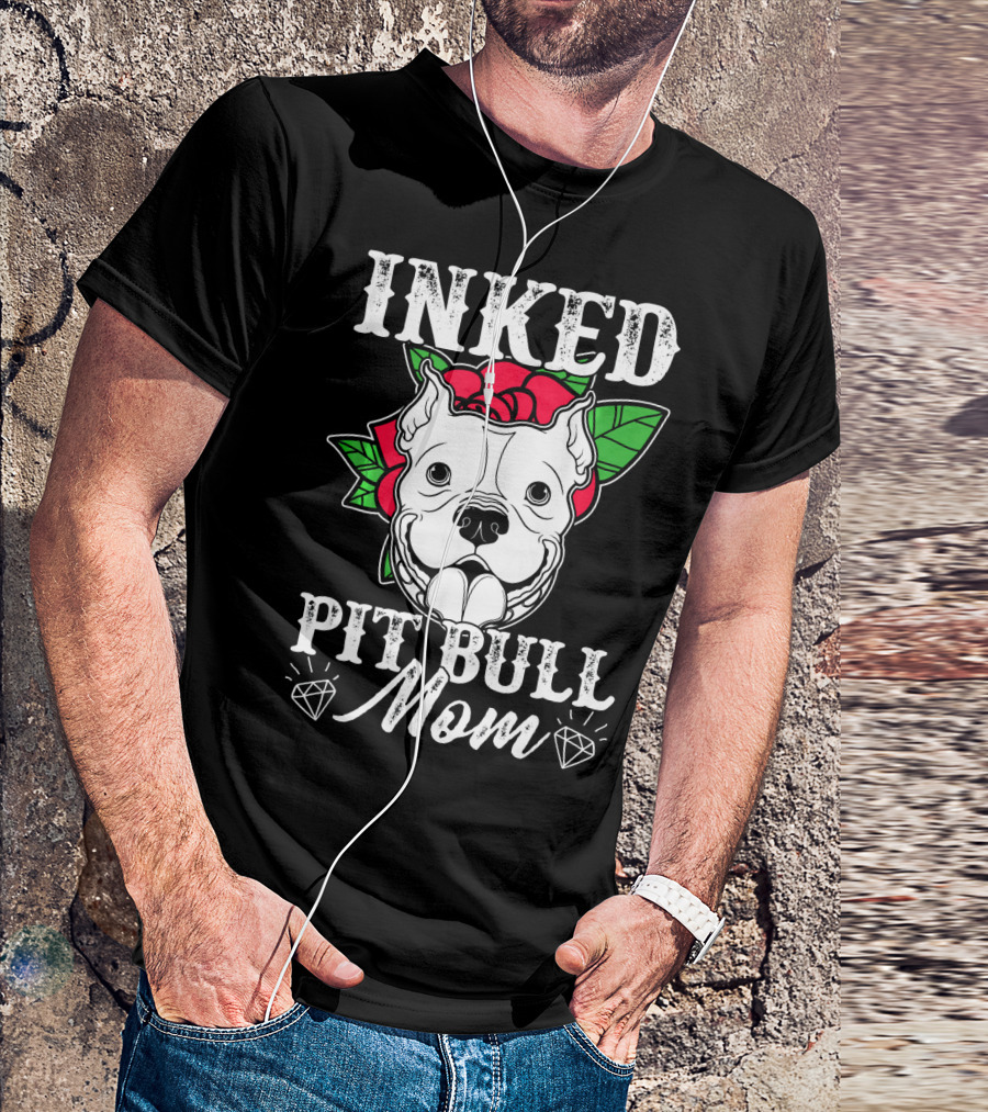 Inked Pit Bull Mom Tattoo With Rose And Diamonds T-Shirt