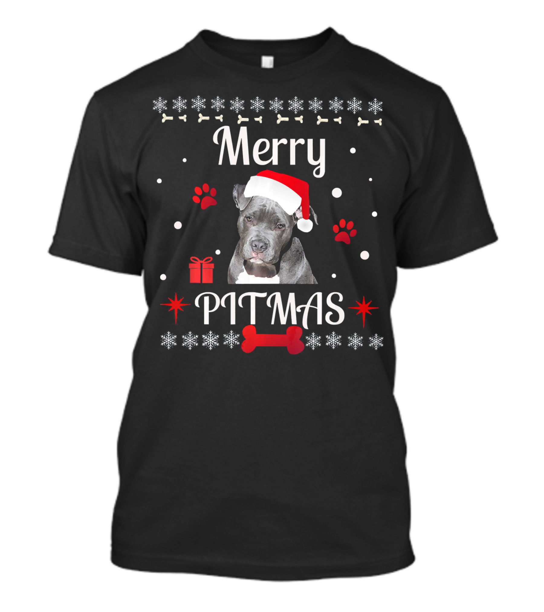 Merry Pitmas Bully Pit Bull Santa Hat Festive Dog Paws Snowflakes T-Shirt