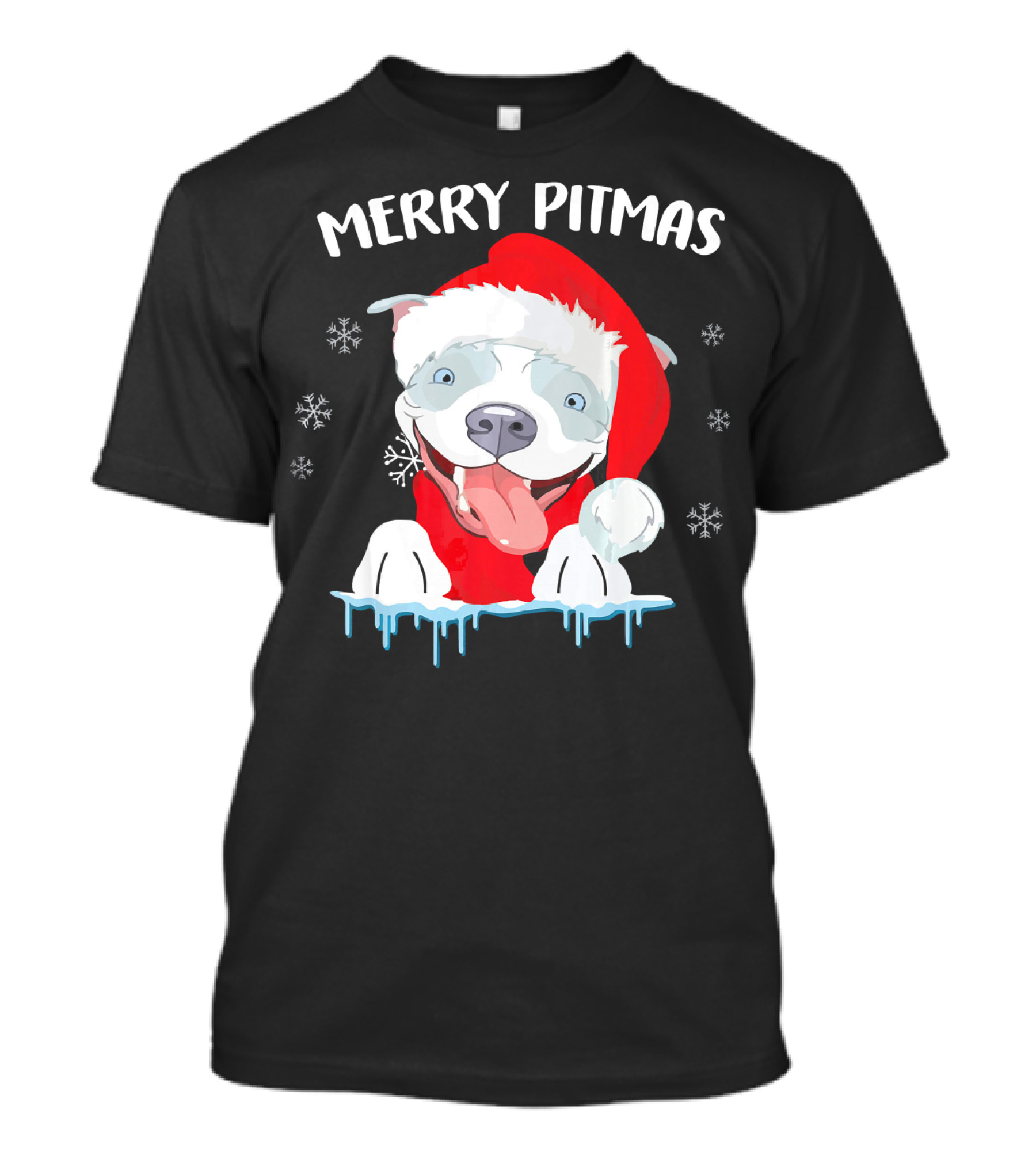 Merry Pitmas Funny Pit Bull Dog Santa Hat Snowflakes T-Shirt
