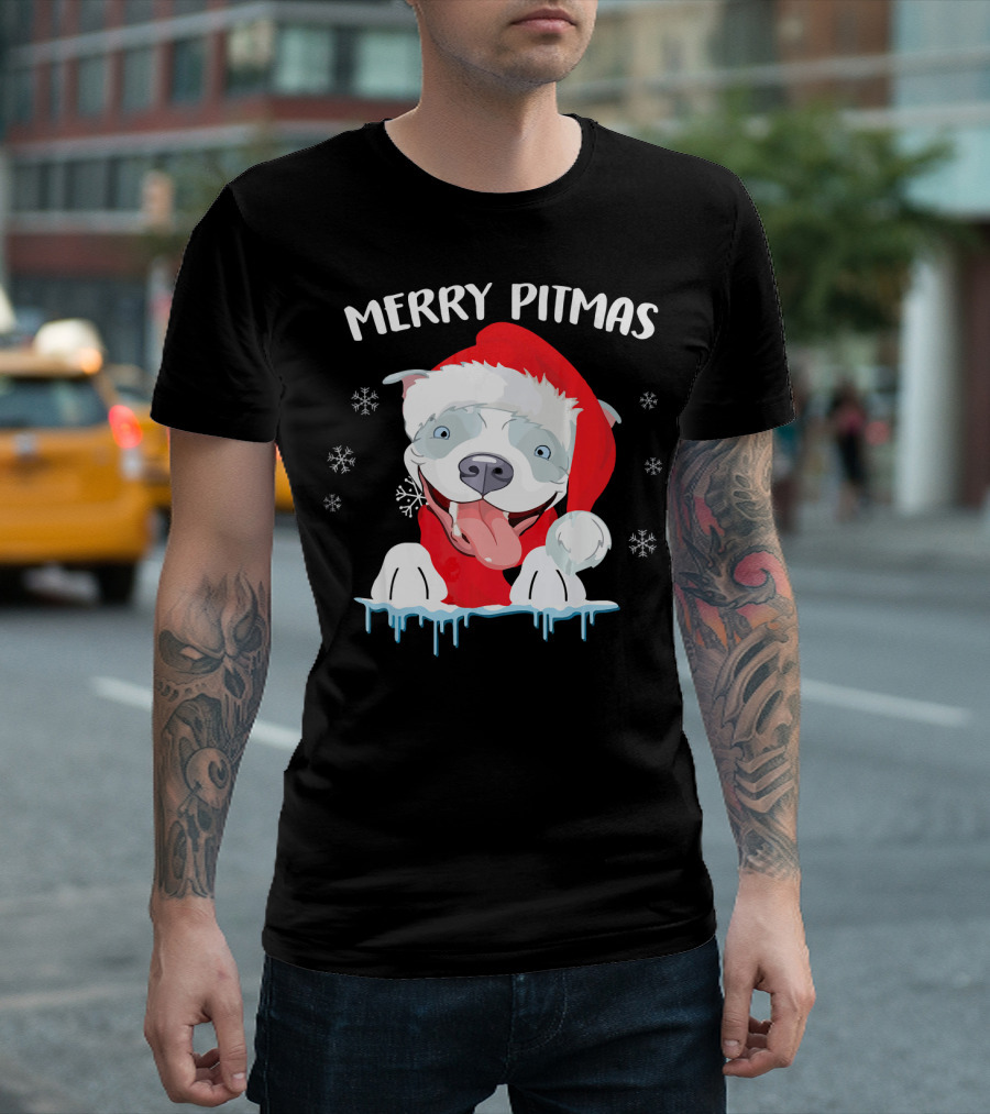 Merry Pitmas Funny Pit Bull Dog Santa Hat Snowflakes T-Shirt