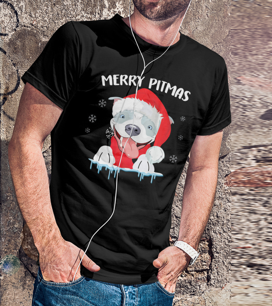 Merry Pitmas Funny Pit Bull Dog Santa Hat Snowflakes T-Shirt