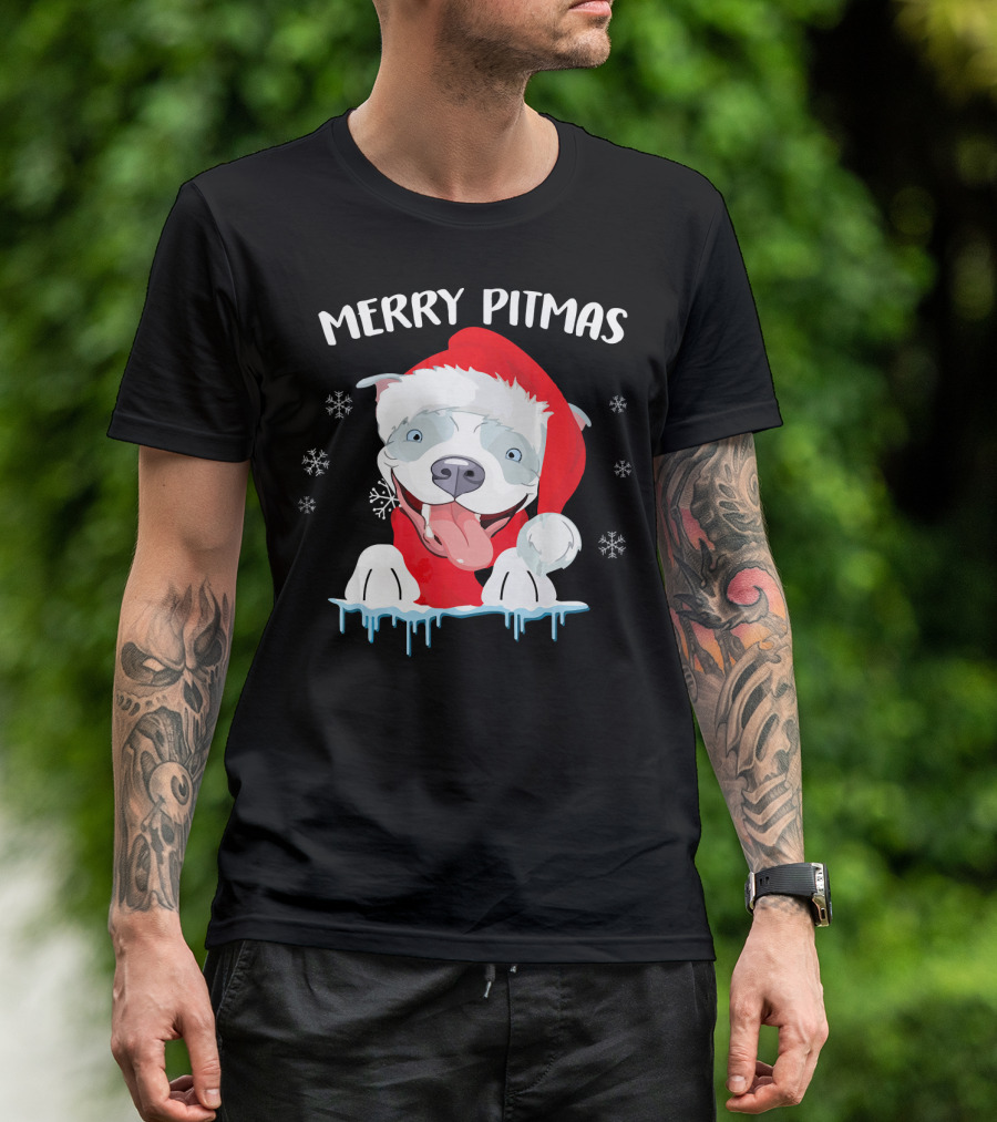 Merry Pitmas Funny Pit Bull Dog Santa Hat Snowflakes T-Shirt
