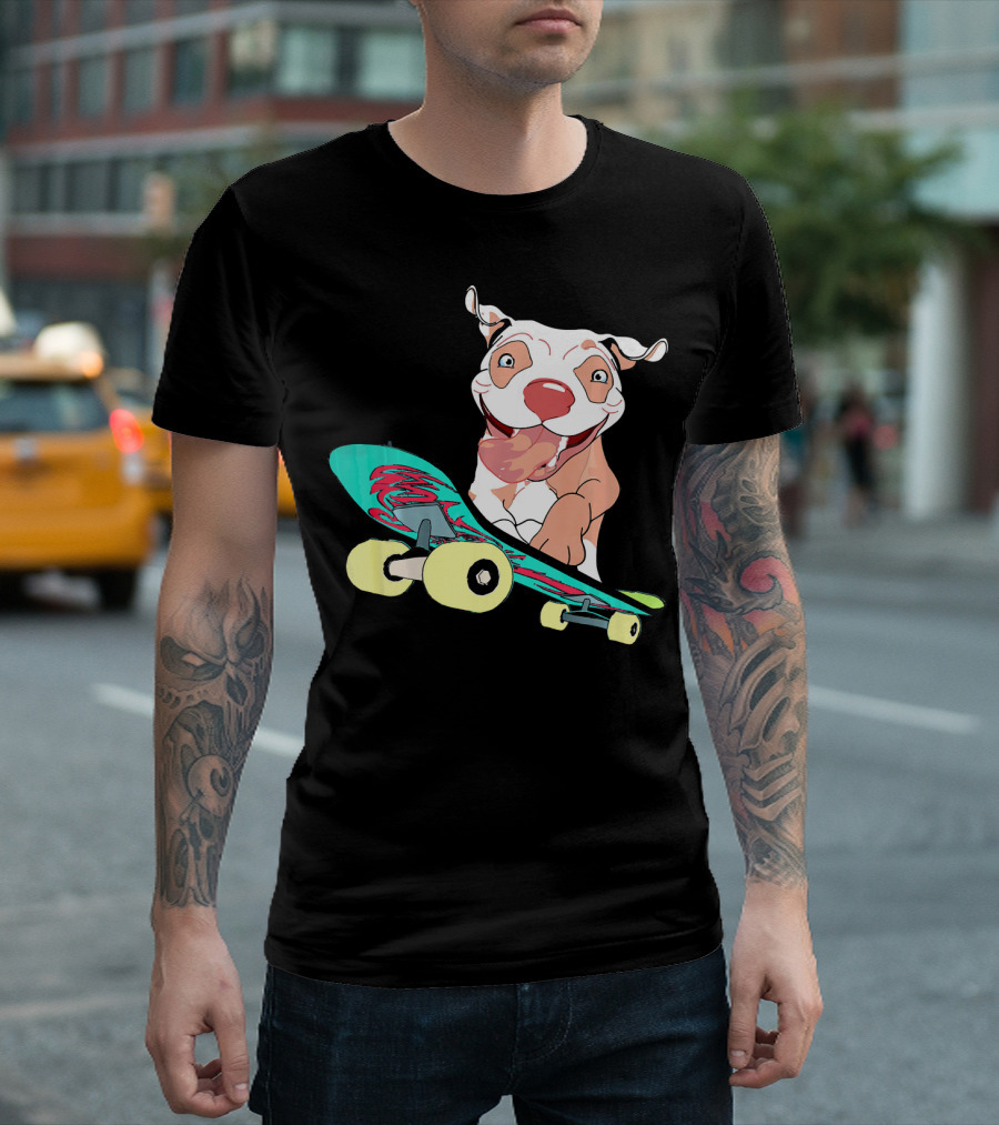 Pit Bull with Turquoise Skateboard Jumping Action T-Shirt
