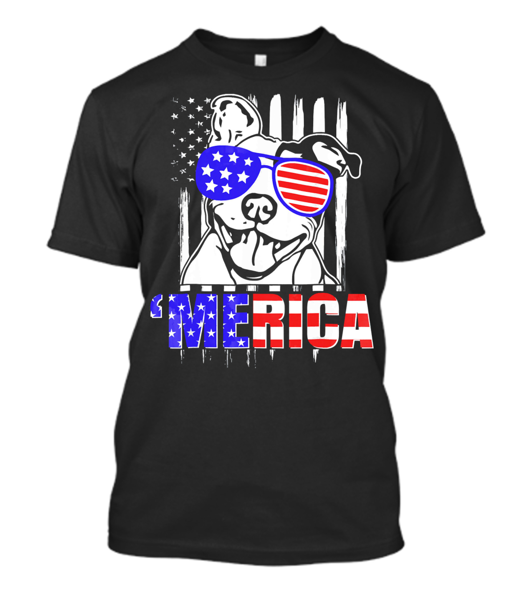 Merica Pitbull With Patriotic American Flag Sunglasses T-Shirt
