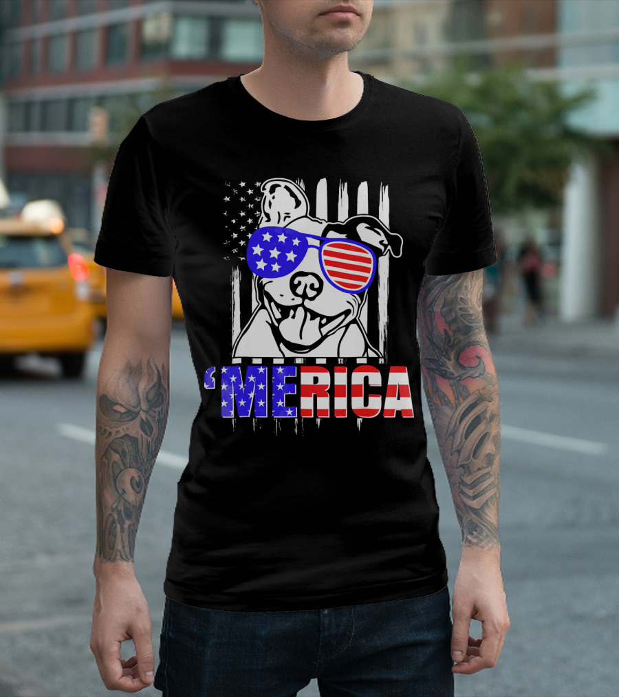 Merica Pitbull with Patriotic American Flag Sunglasses T-Shirt
