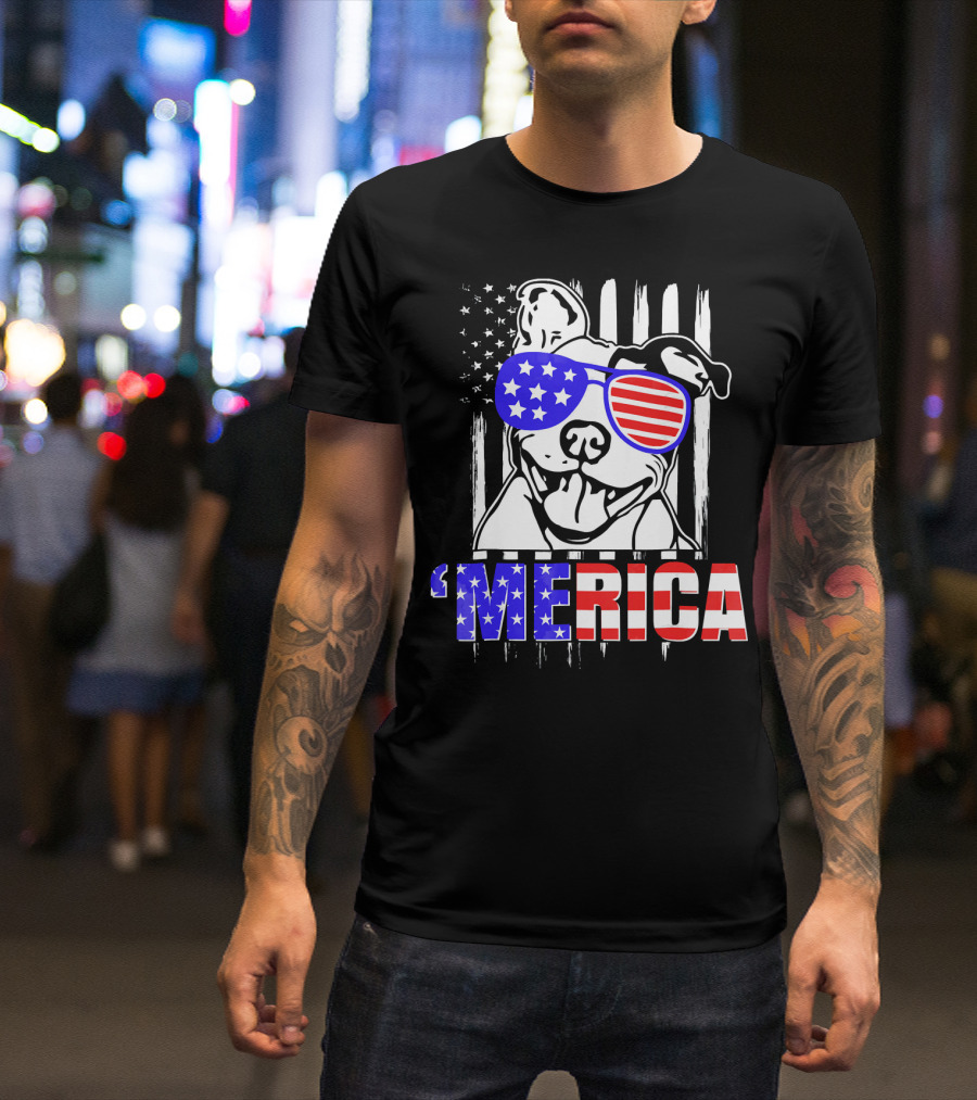 Merica Pitbull With Patriotic American Flag Sunglasses T-Shirt