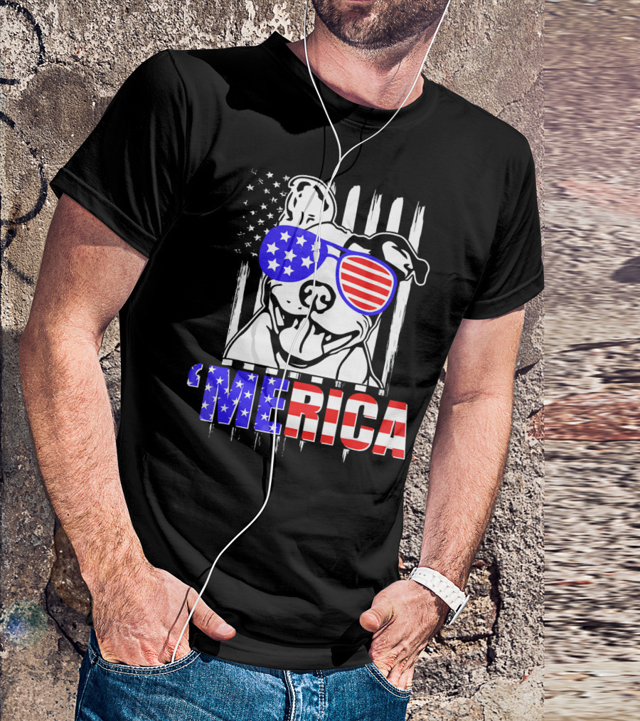 Merica Pitbull With Patriotic American Flag Sunglasses T-Shirt