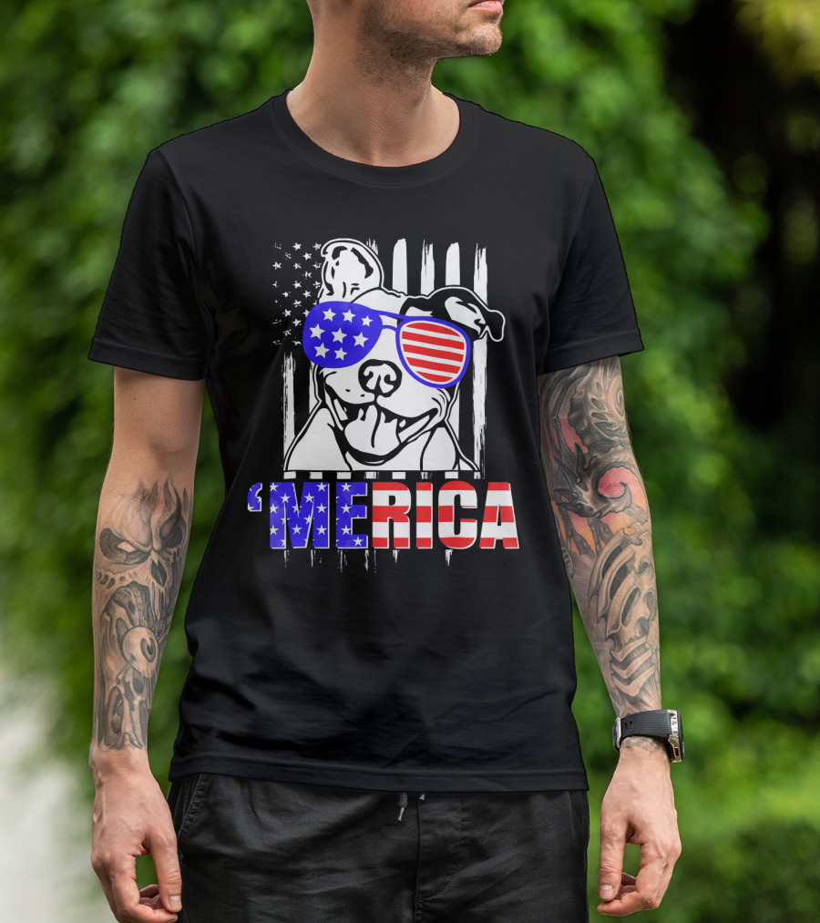 Merica Pitbull With Patriotic American Flag Sunglasses T-Shirt