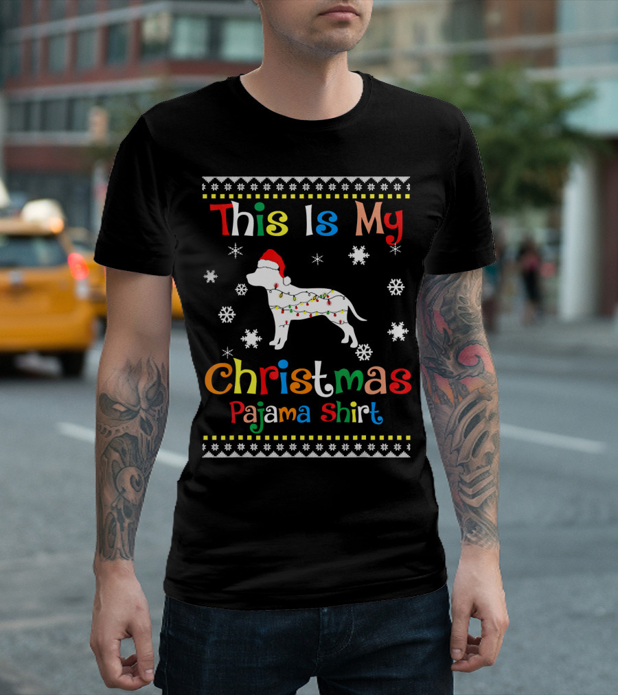 This Is My Christmas Pajama Shirt Dog Wearing Santa Hat and Lights T-Shirt