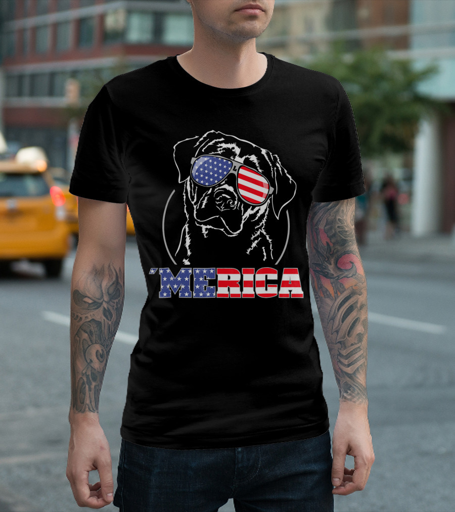 Merica Proud Labrador With American Flag Glasses T-Shirt