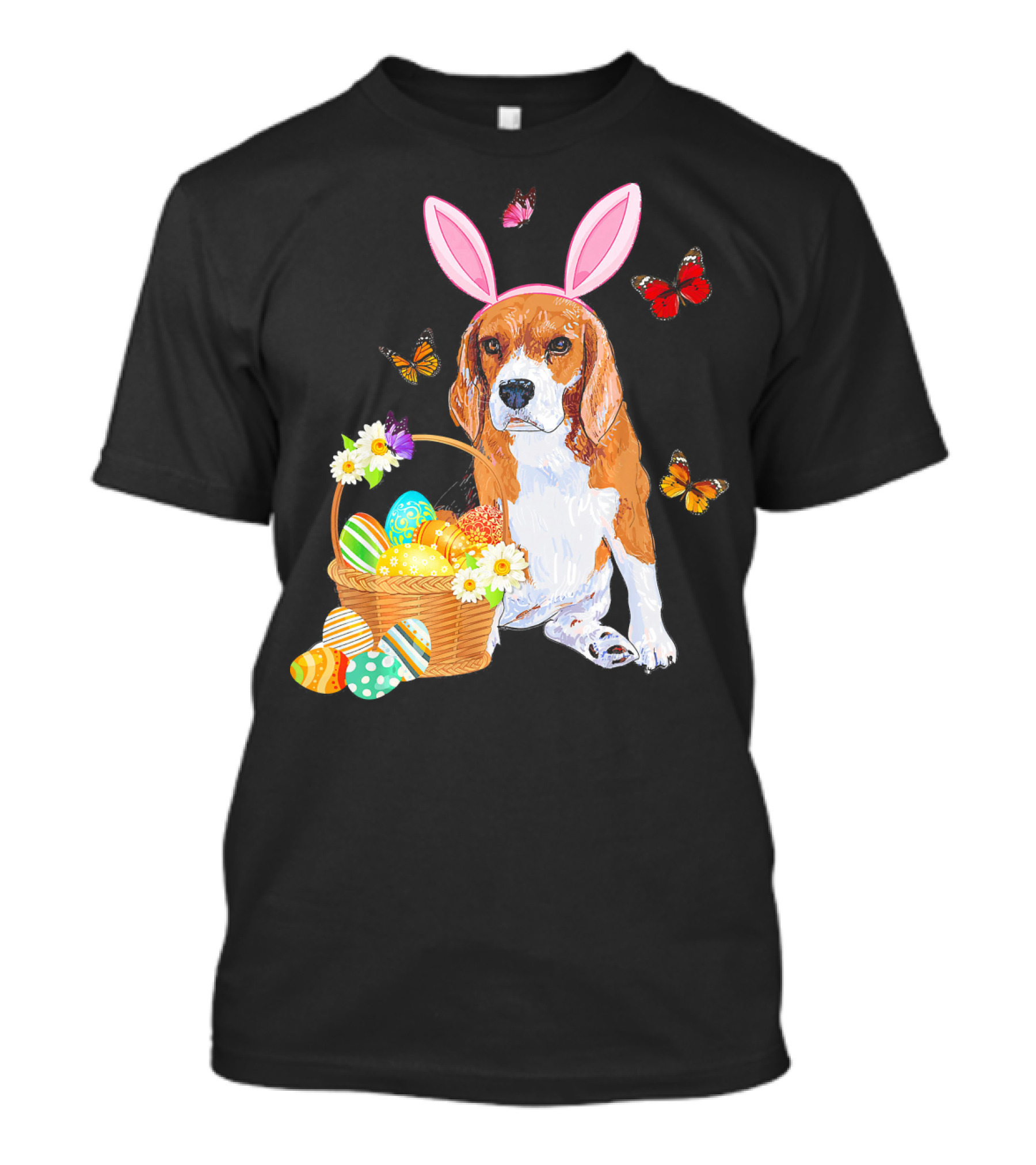 Beagle Bunny Hat Rabbit Easter Eggs Basket Butterflies Flowers T-Shirt