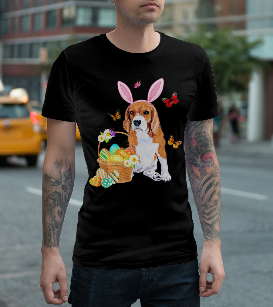 Beagle Bunny Hat Rabbit Easter Eggs Basket Butterflies Flowers T-Shirt