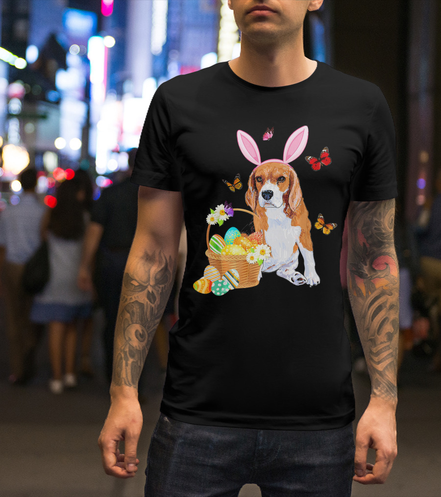 Beagle Bunny Hat Rabbit Easter Eggs Basket Butterflies Flowers T-Shirt