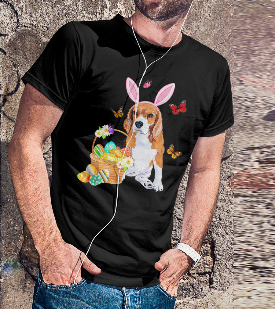 Beagle Bunny Hat Rabbit Easter Eggs Basket Butterflies Flowers T-Shirt