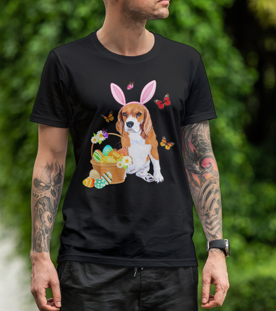 Beagle Bunny Hat Rabbit Easter Eggs Basket Butterflies Flowers T-Shirt