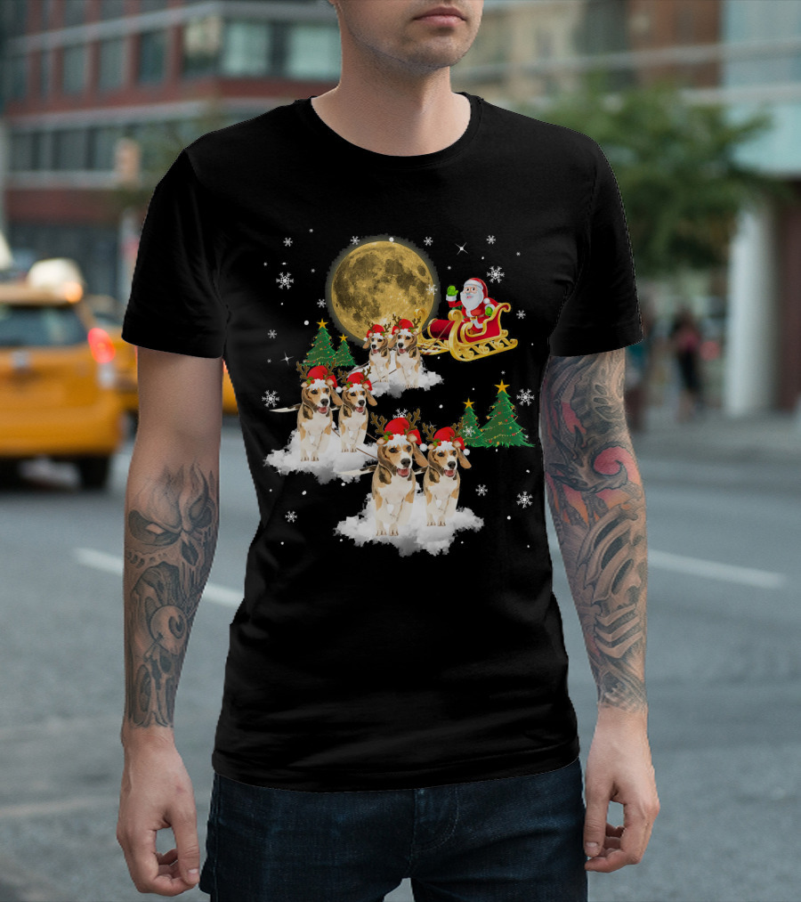 Santa Sleigh with Beagles in Christmas Hats under Moon and Stars T-Shirt