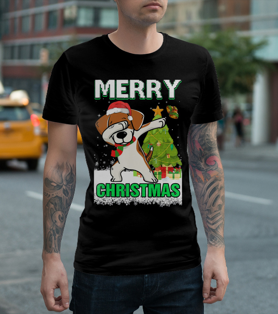 Merry Christmas Cute Beagle Claus Dab Snowflake Tree T-Shirt