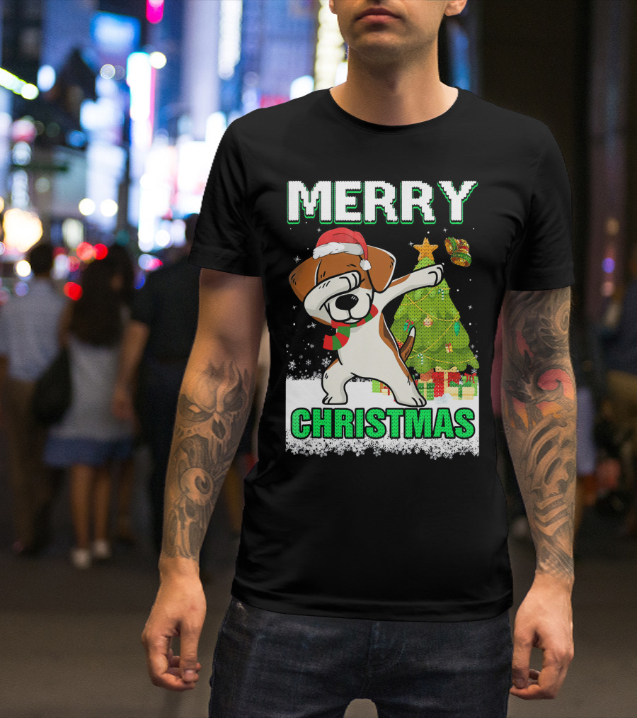 Merry Christmas Cute Beagle Claus Dab Snowflake Tree T-Shirt