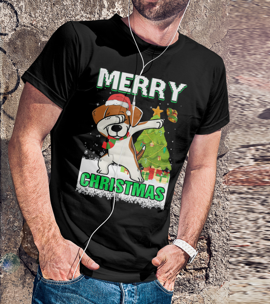 Merry Christmas Cute Beagle Claus Dab Snowflake Tree T-Shirt