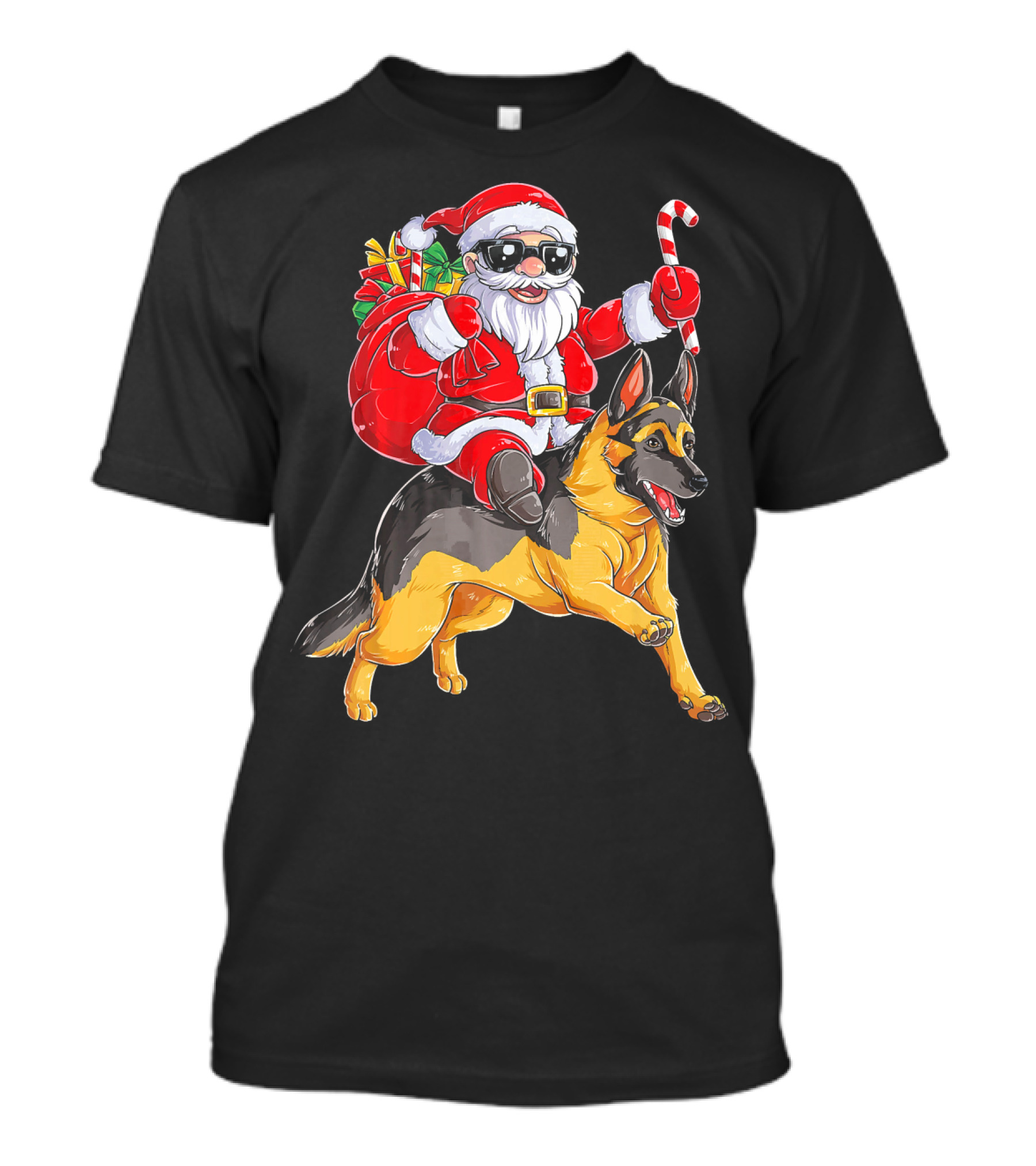 Christmas Santa Claus Riding German Shepherd With Candy Cane And Gifts T-Shirt