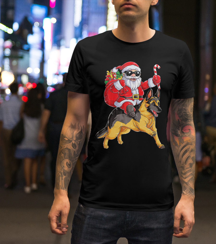 Christmas Santa Claus Riding German Shepherd With Candy Cane And Gifts T-Shirt