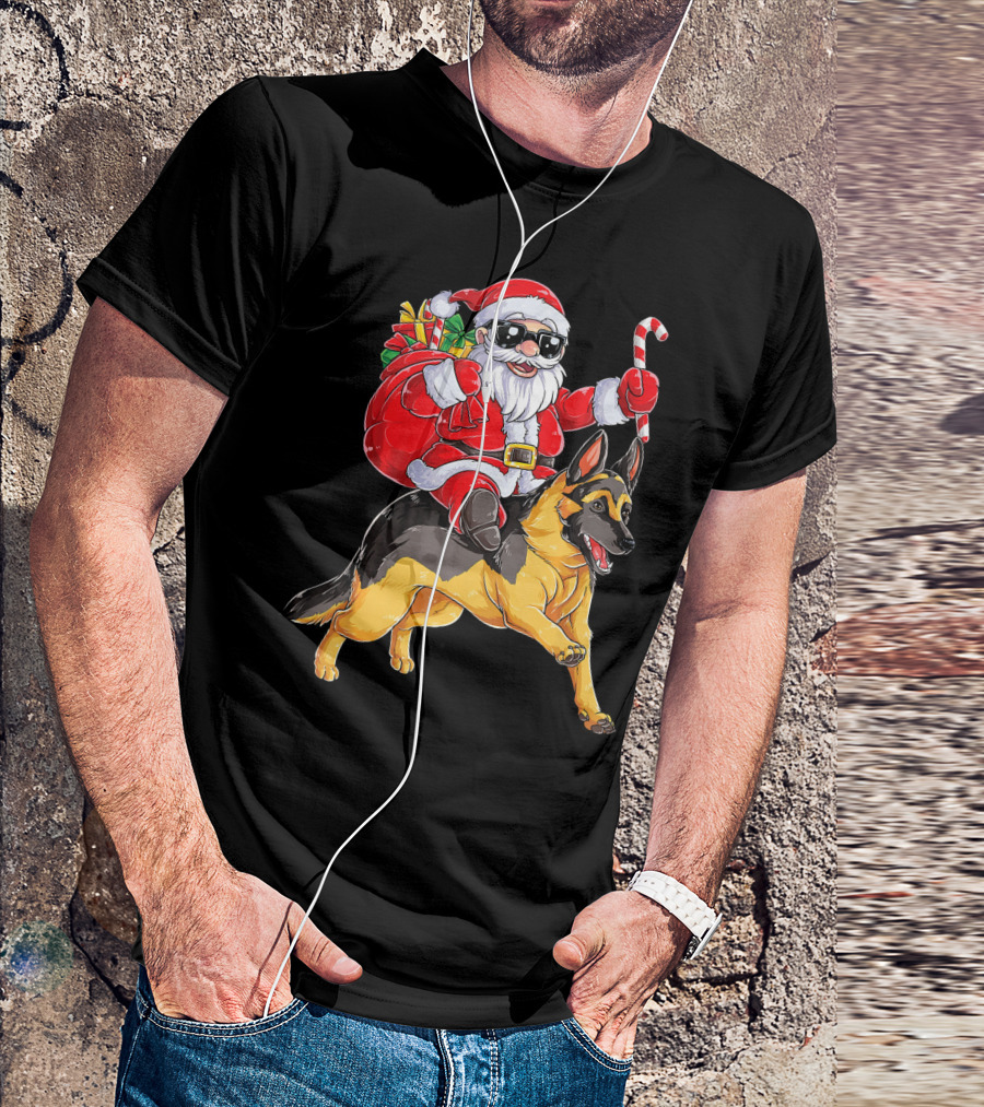 Christmas Santa Claus Riding German Shepherd With Candy Cane And Gifts T-Shirt
