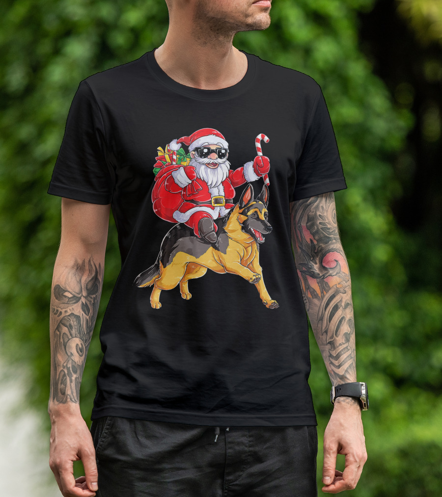 Christmas Santa Claus Riding German Shepherd With Candy Cane And Gifts T-Shirt