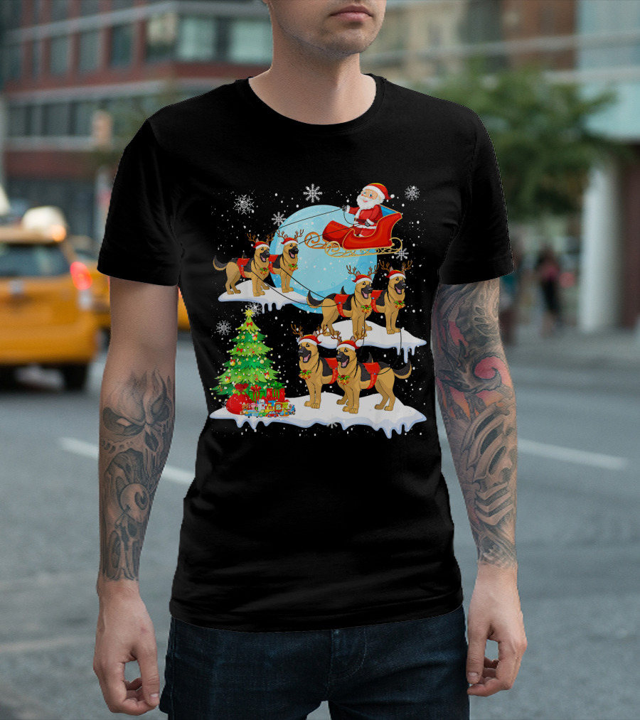 Santa's Sleigh with German Shepherd Reindeer and Christmas Tree T-Shirt