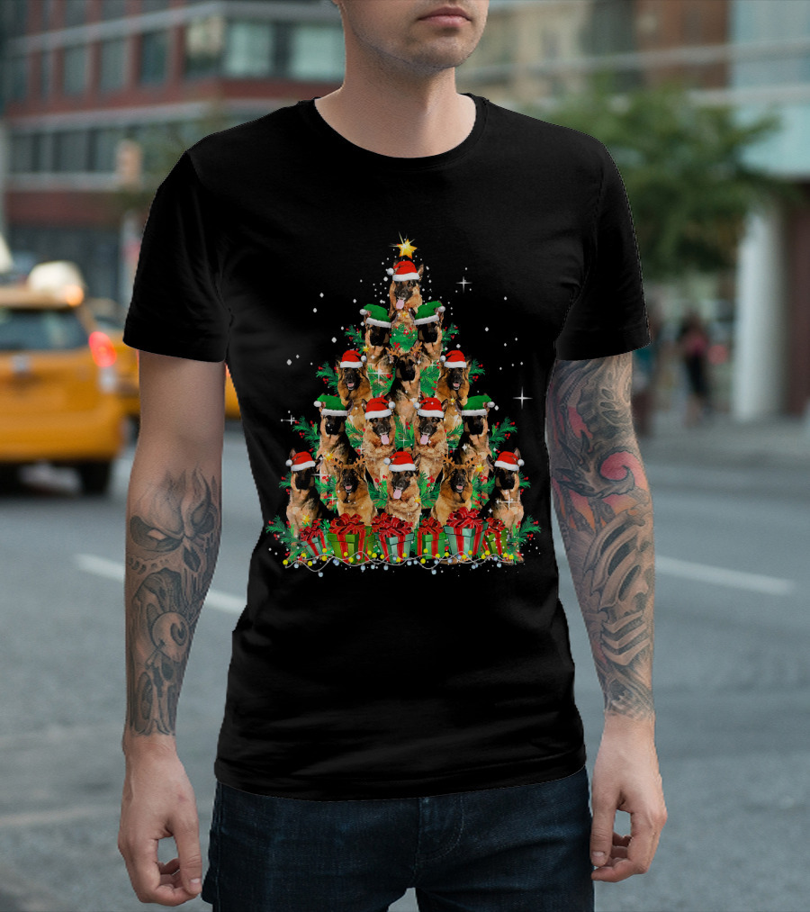 Santa Hat German Shepherds Christmas Tree with Presents and Star T-Shirt
